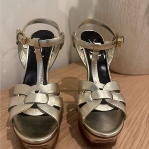 Saint Laurent Metallic Gold Woven T-Strap Platform Sandals
